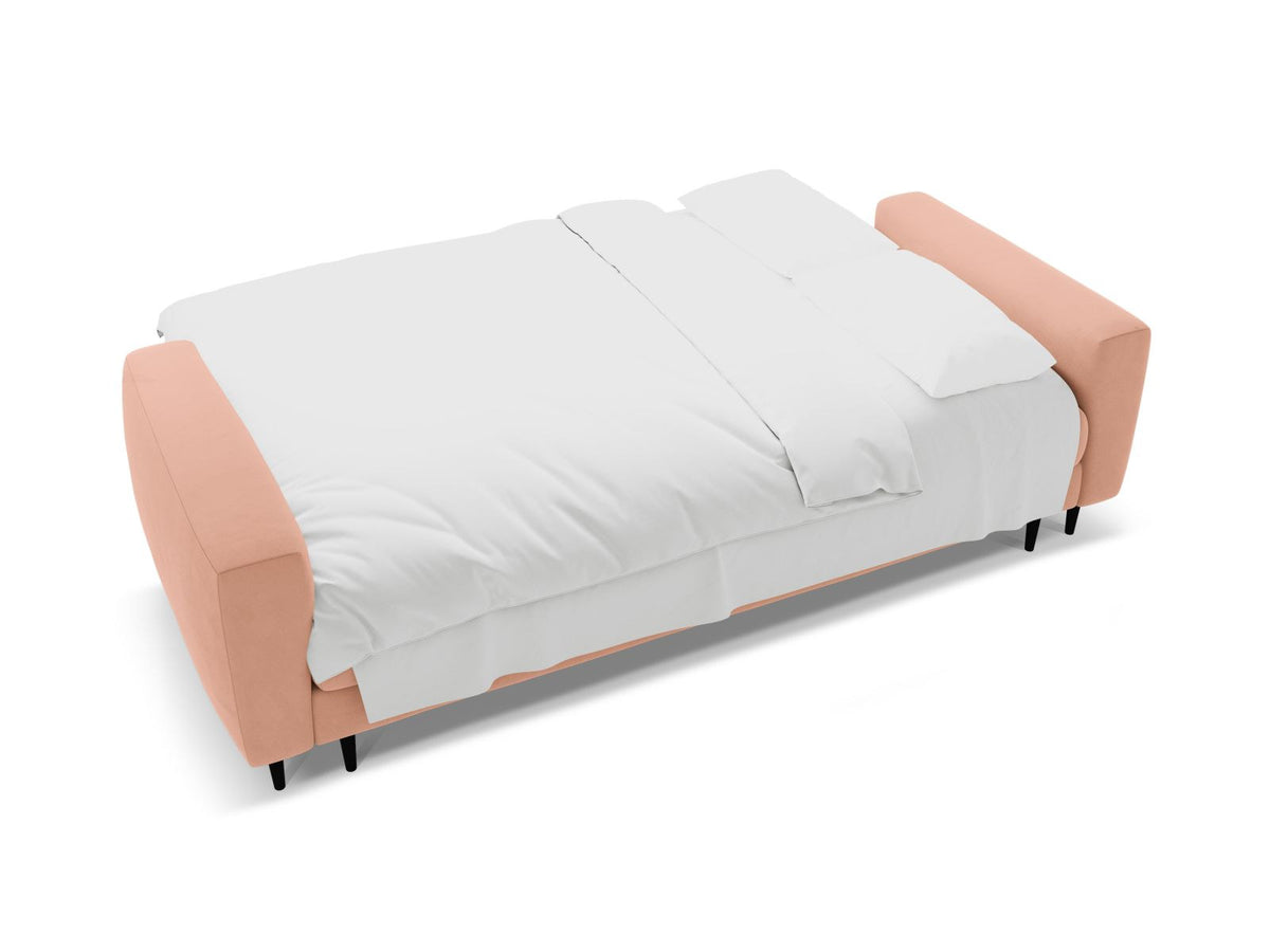 Cosmopolitan Design Lazio Bettsofa in Beige-Samt, 3-Sitzer mit ausklappbarer Liegefläche, Bettkasten und schwarzen Metallbeinen.