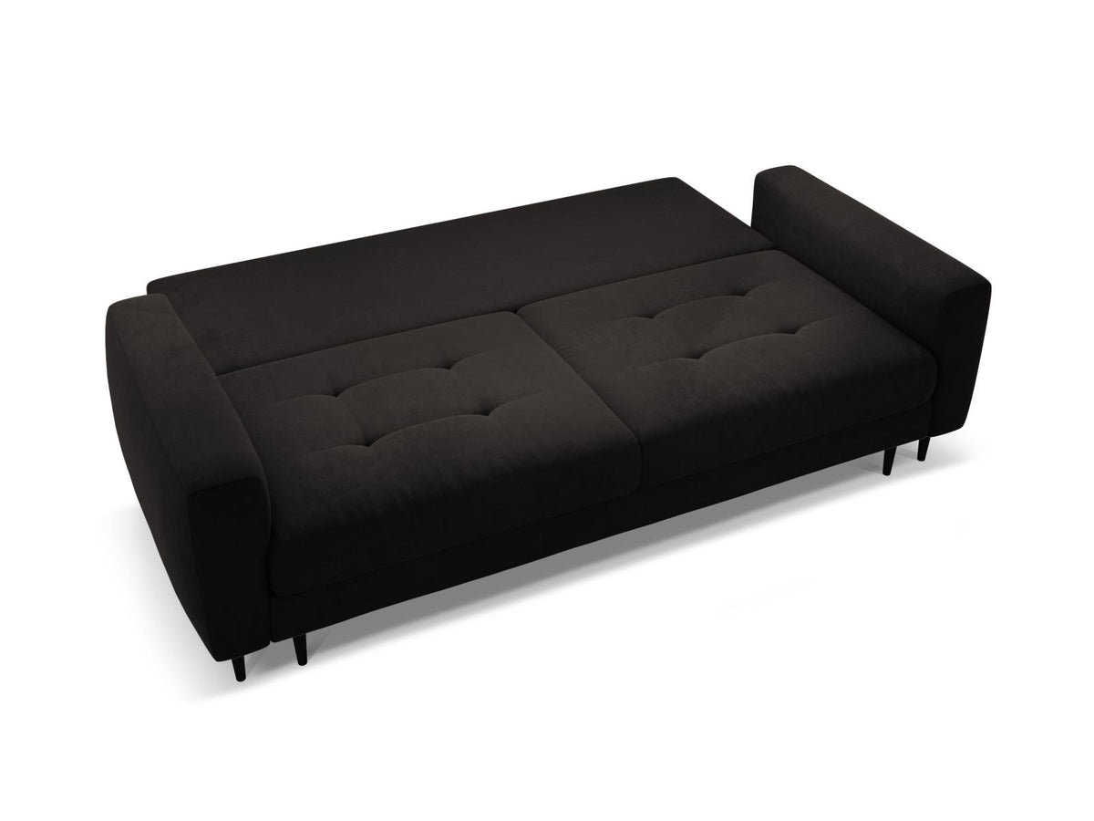 Cosmopolitan Design Lazio Bettsofa in Beige-Samt, 3-Sitzer mit ausklappbarer Liegefläche, Bettkasten und schwarzen Metallbeinen.