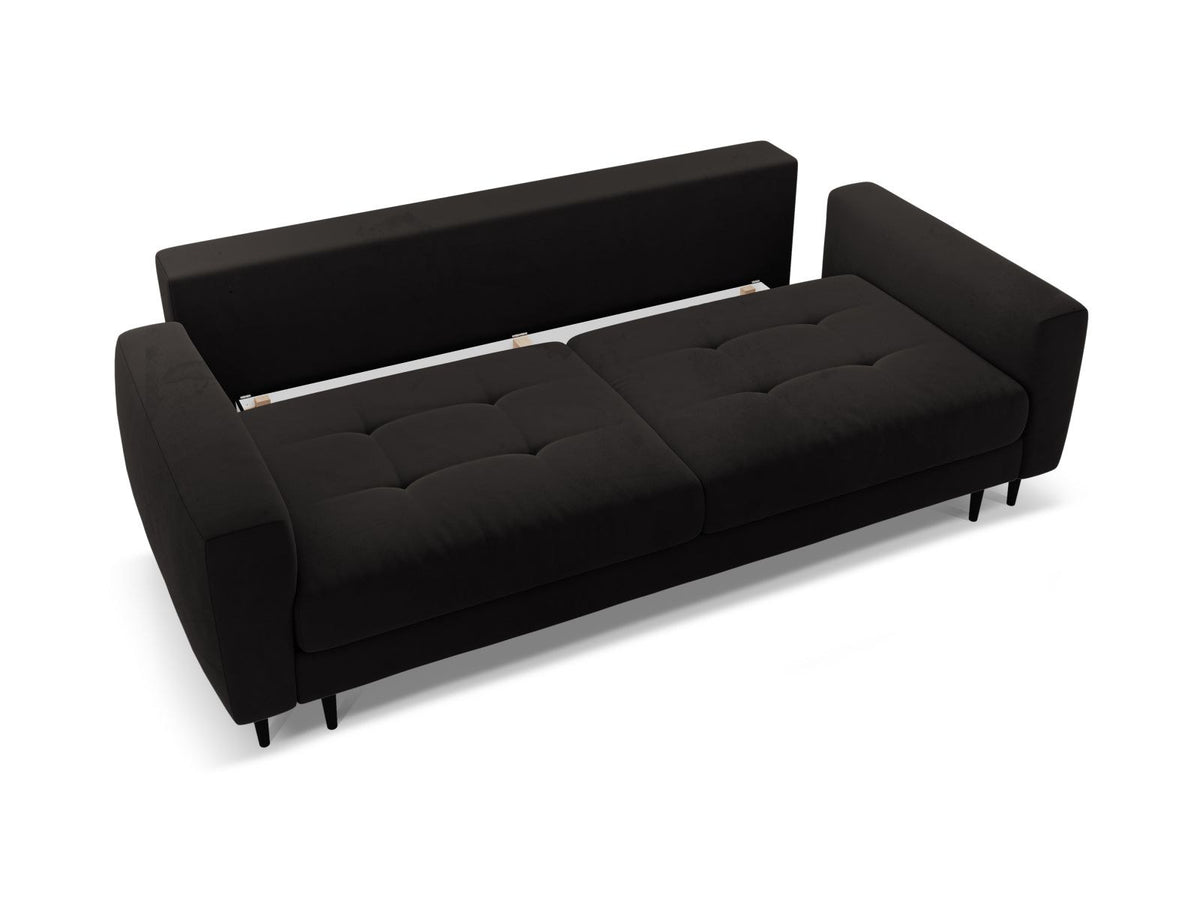 Cosmopolitan Design Lazio Bettsofa in Beige-Samt, 3-Sitzer mit ausklappbarer Liegefläche, Bettkasten und schwarzen Metallbeinen.