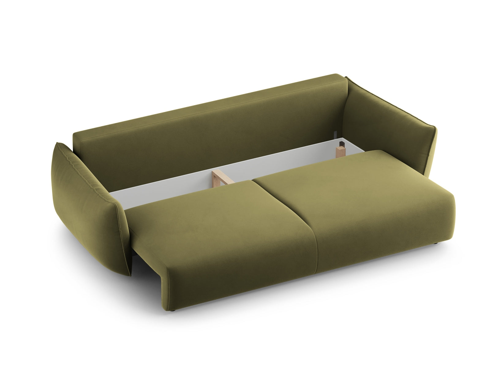 Stylisches 3-Sitzer Sofa Matera in ansprechendem Grün, perfekt für jedes Wohnzimmer, mit cleverer Schlaffunktion und integriertem Stauraum.