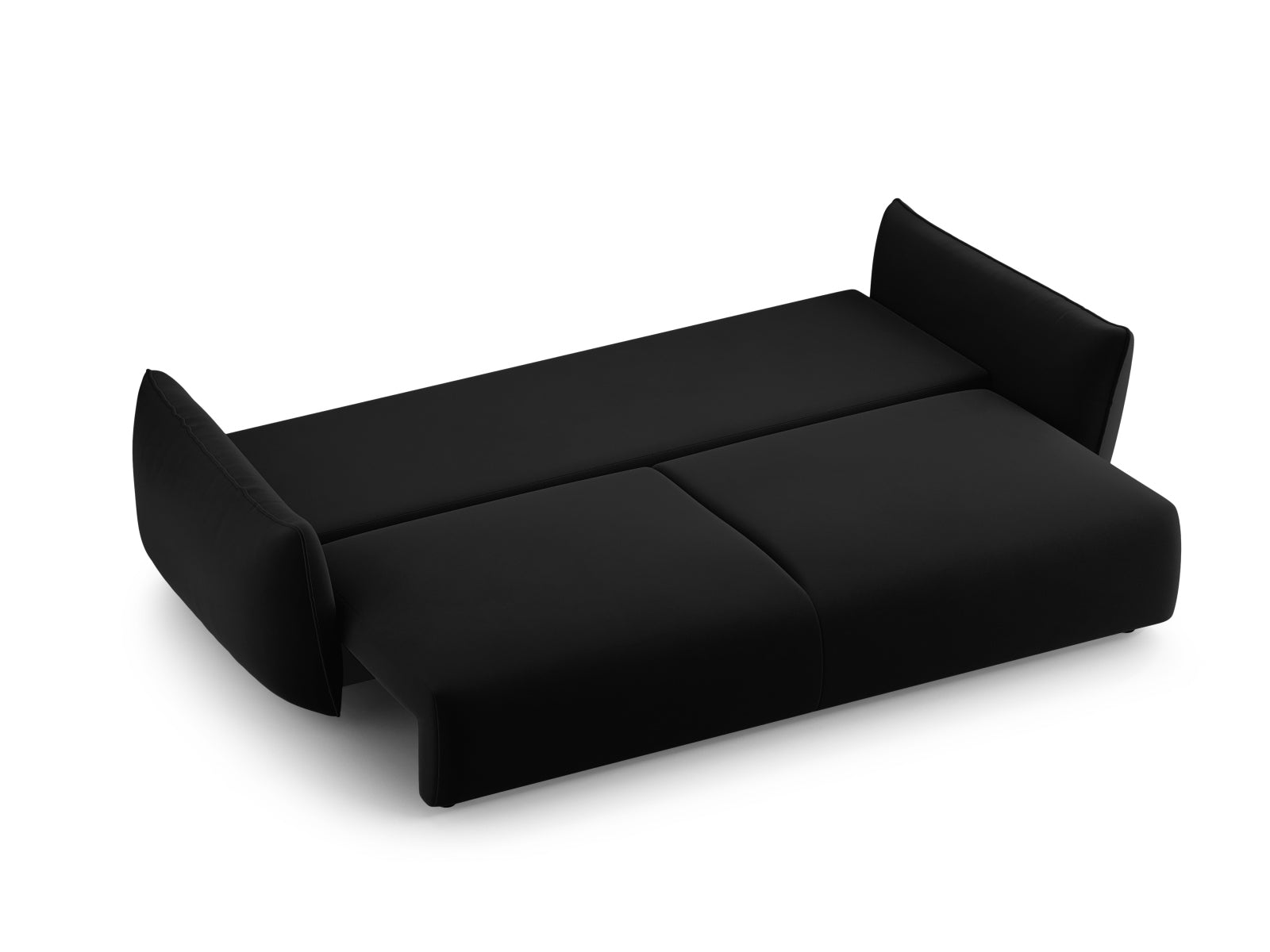 Elegantes 3-Sitzer Sofa Matera in Schwarz, ideal für stilvolle Wohnzimmer. Mit praktischer Schlaffunktion und cleverem Stauraum.