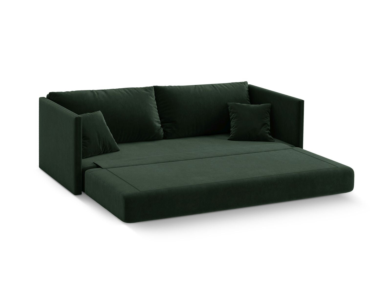 Elegantes 3-Sitzer Sofa Shannon in tiefem Flaschengrün, vielseitig einsetzbar und mit praktischer Schlaffunktion für zusätzlichen Komfort.