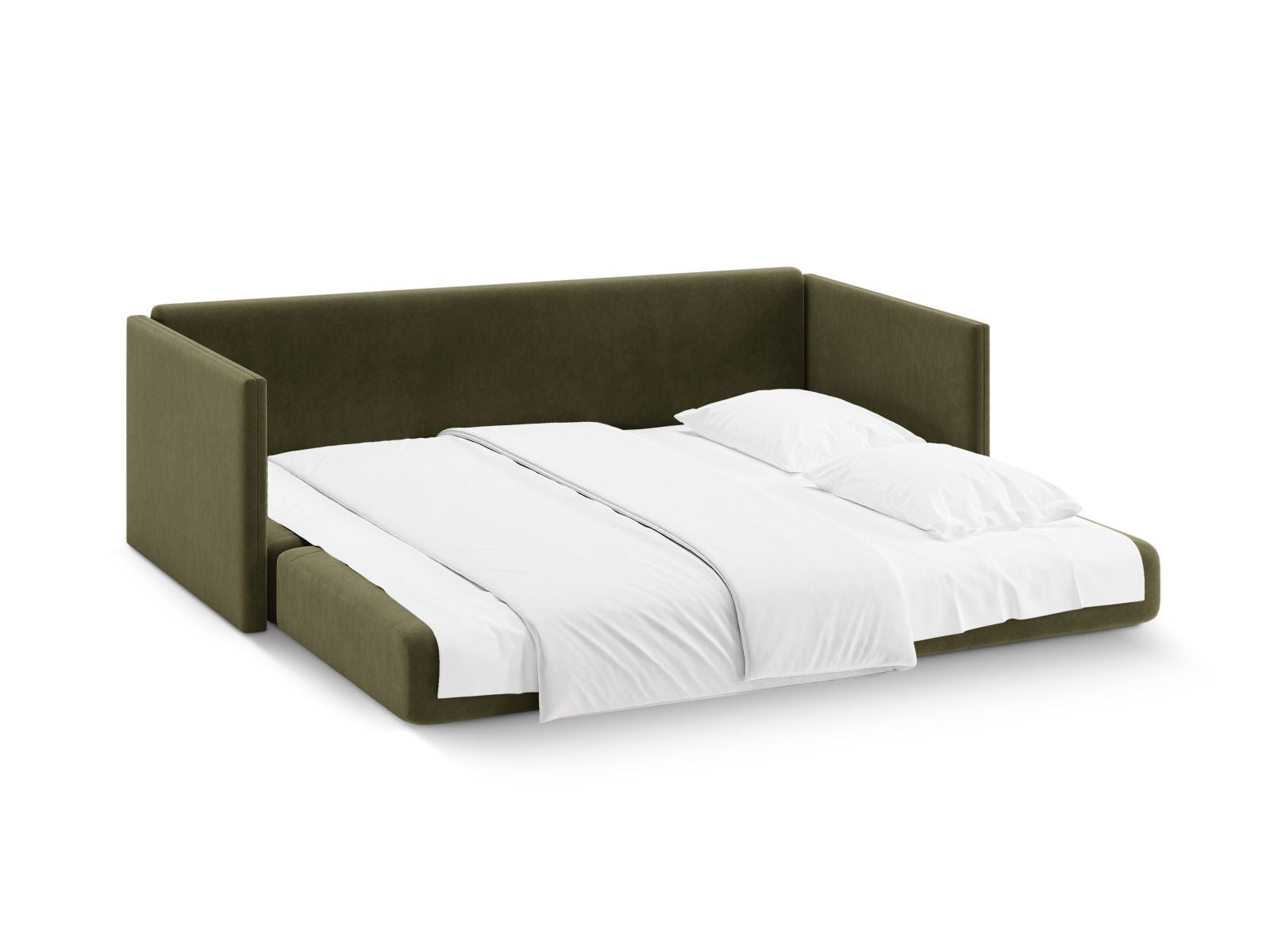Modernes 3-Sitzer Sofa Shannon in ansprechendem Grün, vielseitig einsetzbar als Schlafsofa für Gäste und entspannte Stunden.