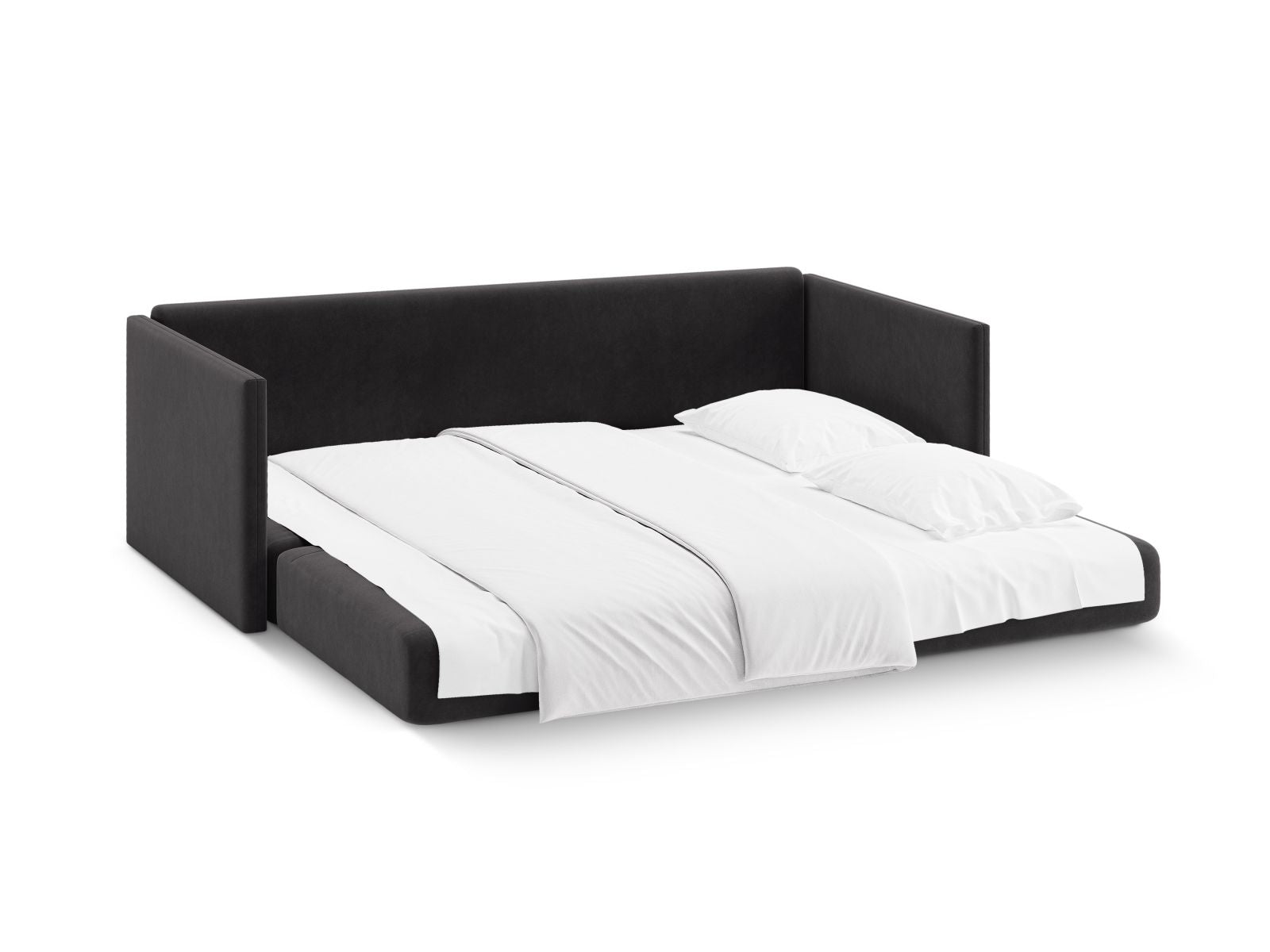 Modernes 3-Sitzer Sofa Shannon in edlem Dunkelgrau, vielseitig einsetzbar als Schlafsofa für Gäste und gemütliche Abende.