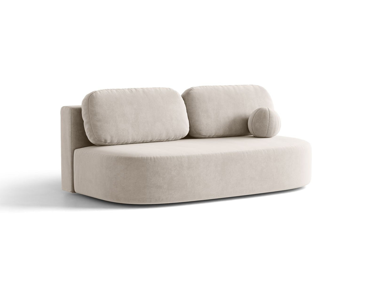 Beige Samt-Bettsofa Sophia von Cosmopolitan Design mit Bettkasten, Massivholzrahmen und schwarzen Kunststoffbeinen, drei Sitzplätze.