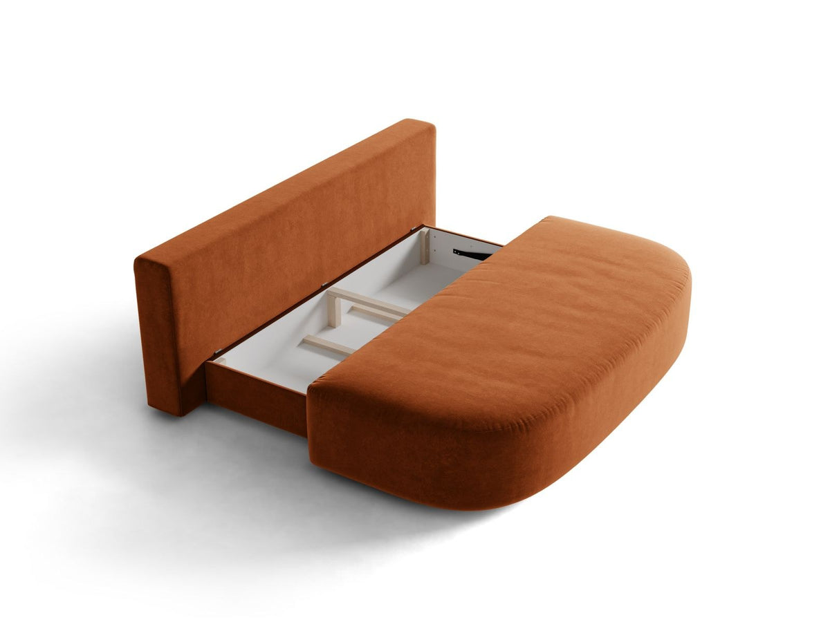 Beige Samt-Bettsofa Sophia von Cosmopolitan Design mit Bettkasten, Massivholzrahmen und schwarzen Kunststoffbeinen, drei Sitzplätze.