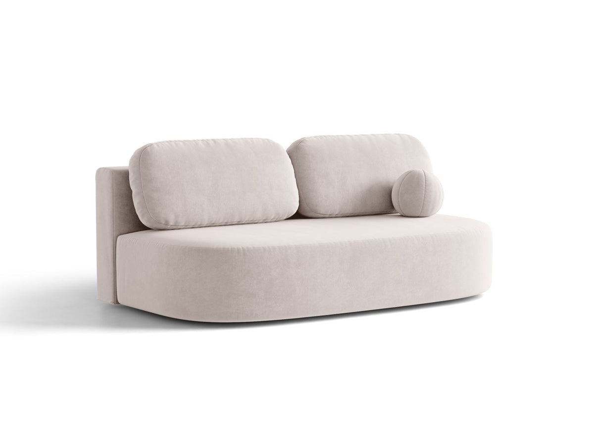 Beige Samt-Bettsofa Sophia von Cosmopolitan Design mit Bettkasten, Massivholzrahmen und schwarzen Kunststoffbeinen, drei Sitzplätze.