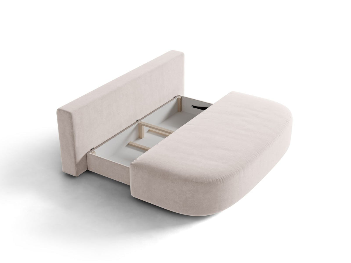 Beige Samt-Bettsofa Sophia von Cosmopolitan Design mit Bettkasten, Massivholzrahmen und schwarzen Kunststoffbeinen, drei Sitzplätze.
