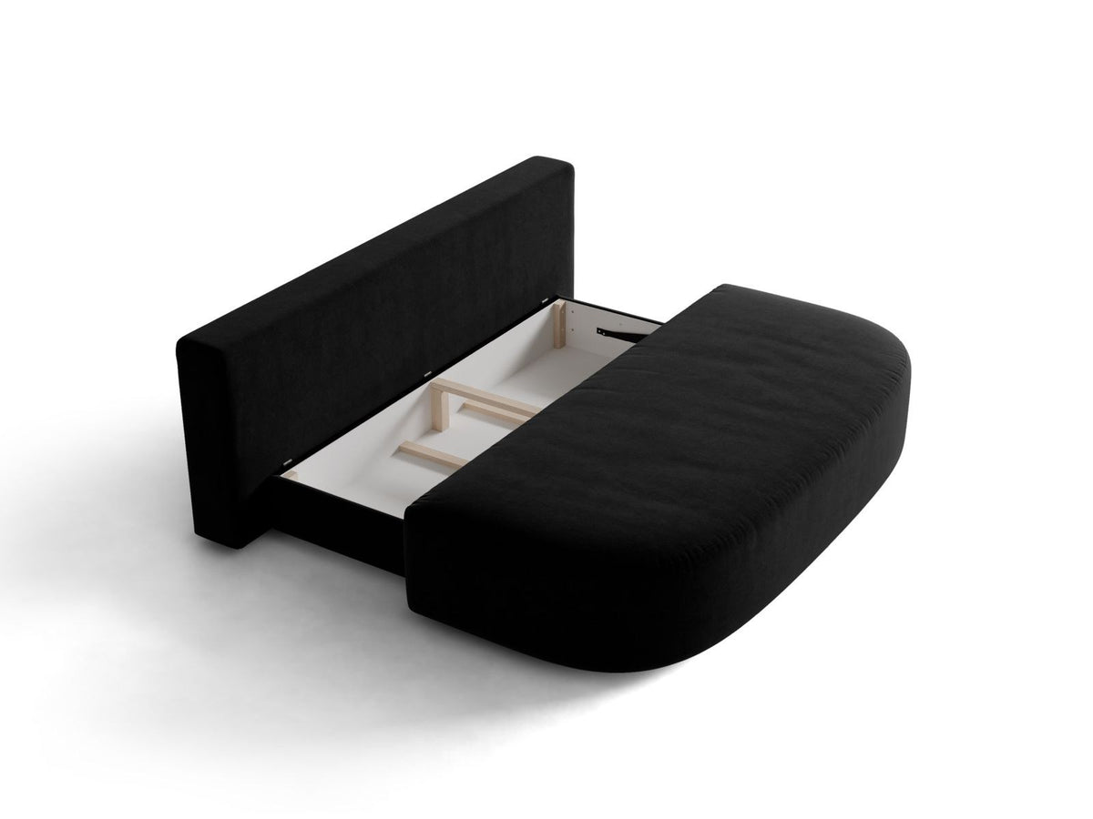 Beige Samt-Bettsofa Sophia von Cosmopolitan Design mit Bettkasten, Massivholzrahmen und schwarzen Kunststoffbeinen, drei Sitzplätze.