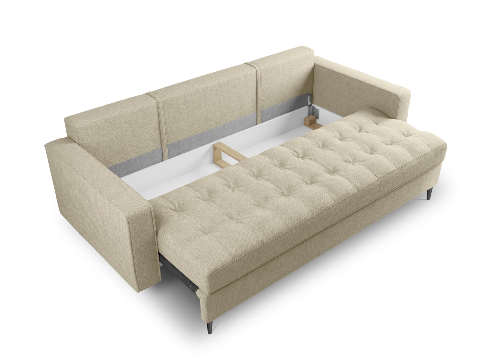 Modernes 3-Sitzer Sofa Aspen in stilvollem Beige, ideal für kleine Räume, bietet Schlaffunktion und cleveren Stauraum für zusätzlichen Komfort.