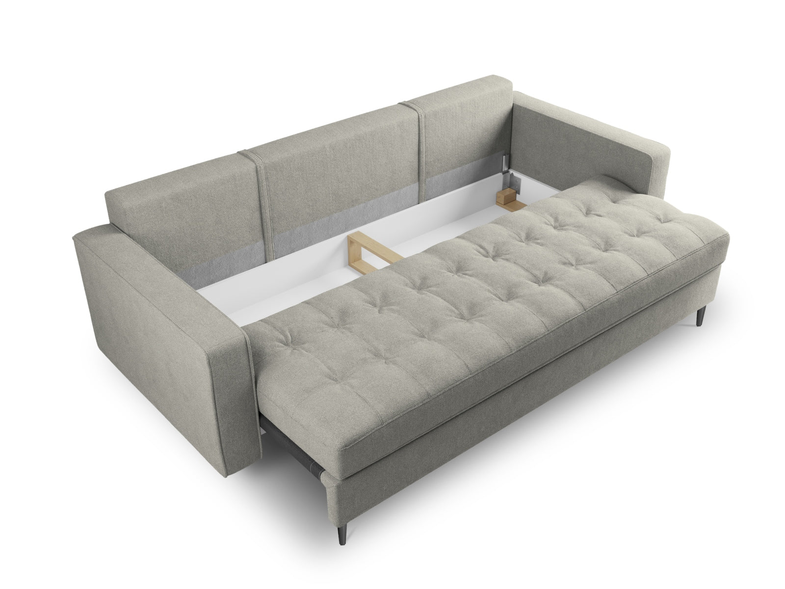 Elegantes 3-Sitzer Bettsofa Aspen in Grau, ideal für kleine Räume, bietet Schlafgelegenheit und cleveren Stauraum für Kissen und Decken.