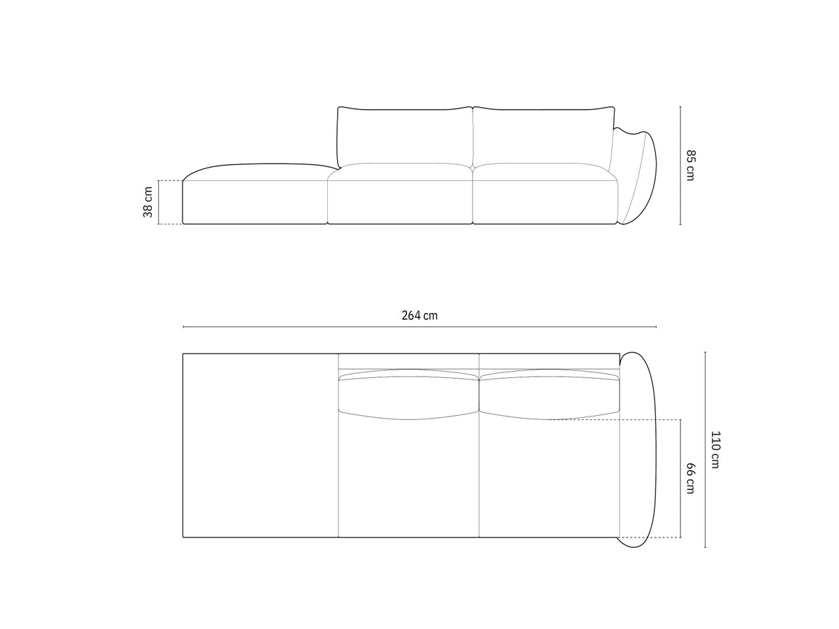 Matera 4er Sofa links mit Stoffbezug, Ottoman-Modul und schwarzen Kunststoffbeinen