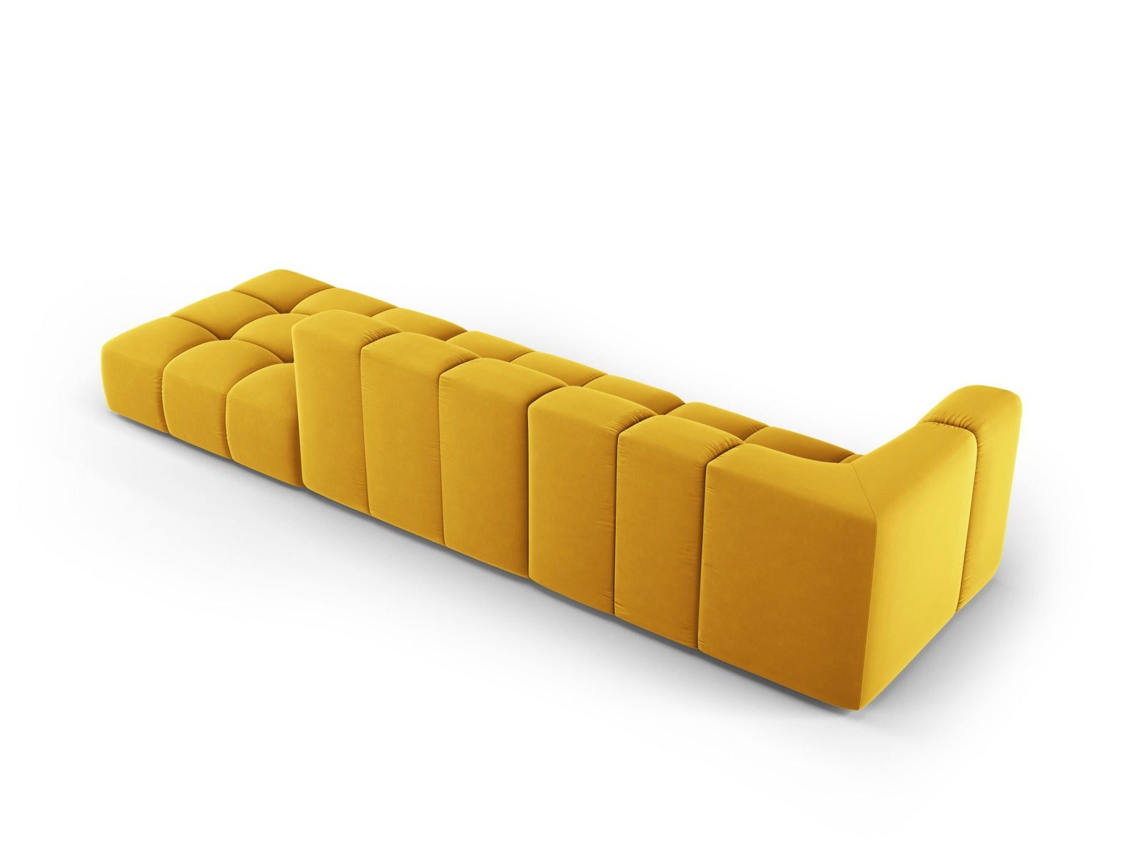 Modulares 4-Sitzer Sofa Moritz in stilvollem Gelb-Bluvel, perfekt für zeitgemäße Wohnkonzepte und gemütliche Entspannung.