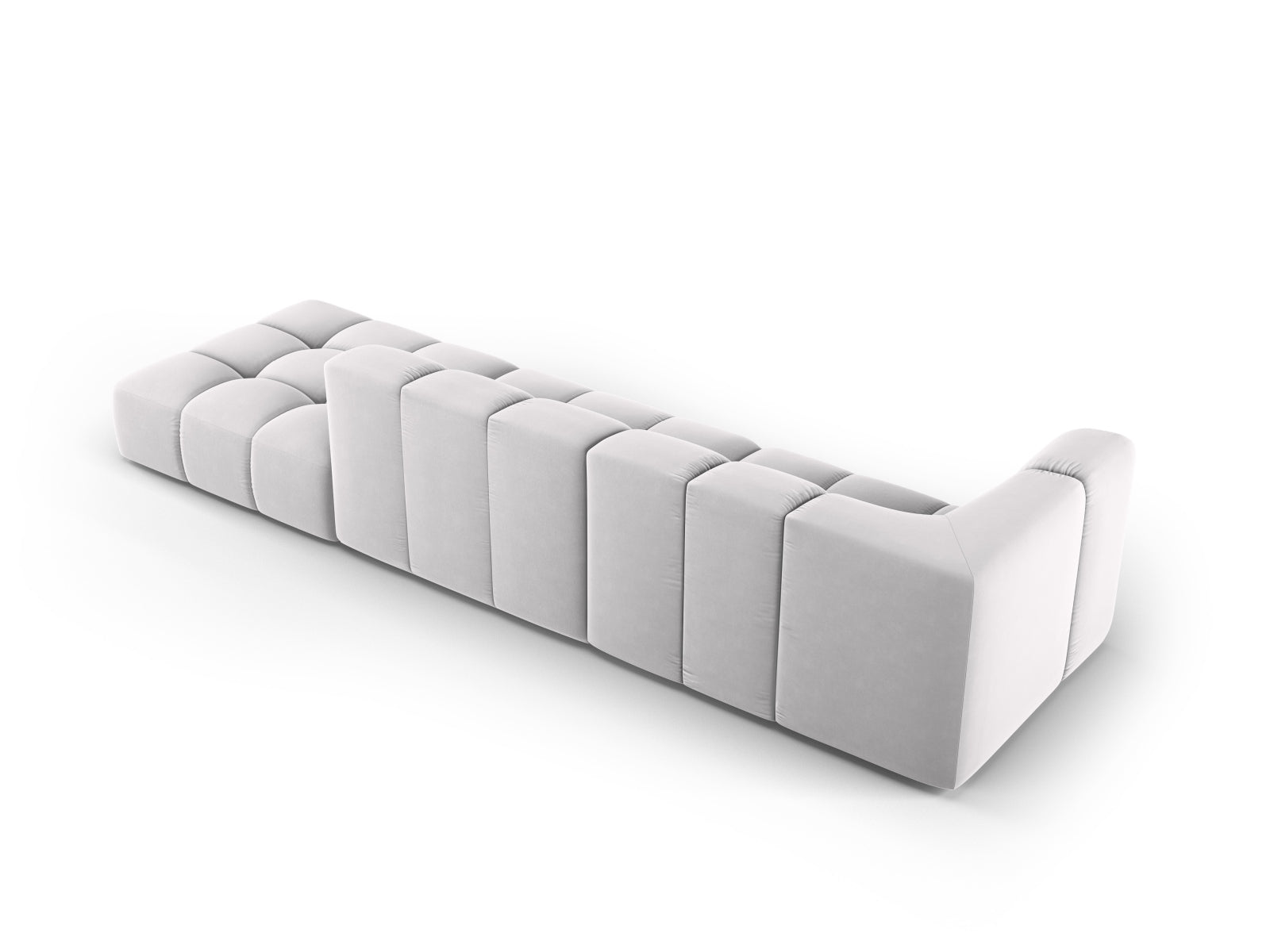 Modulares 4-Sitzer Sofa Moritz in Silver-Bluvel, perfekt für zeitgemäße Interiors, vereint Komfort und modernes Design.
