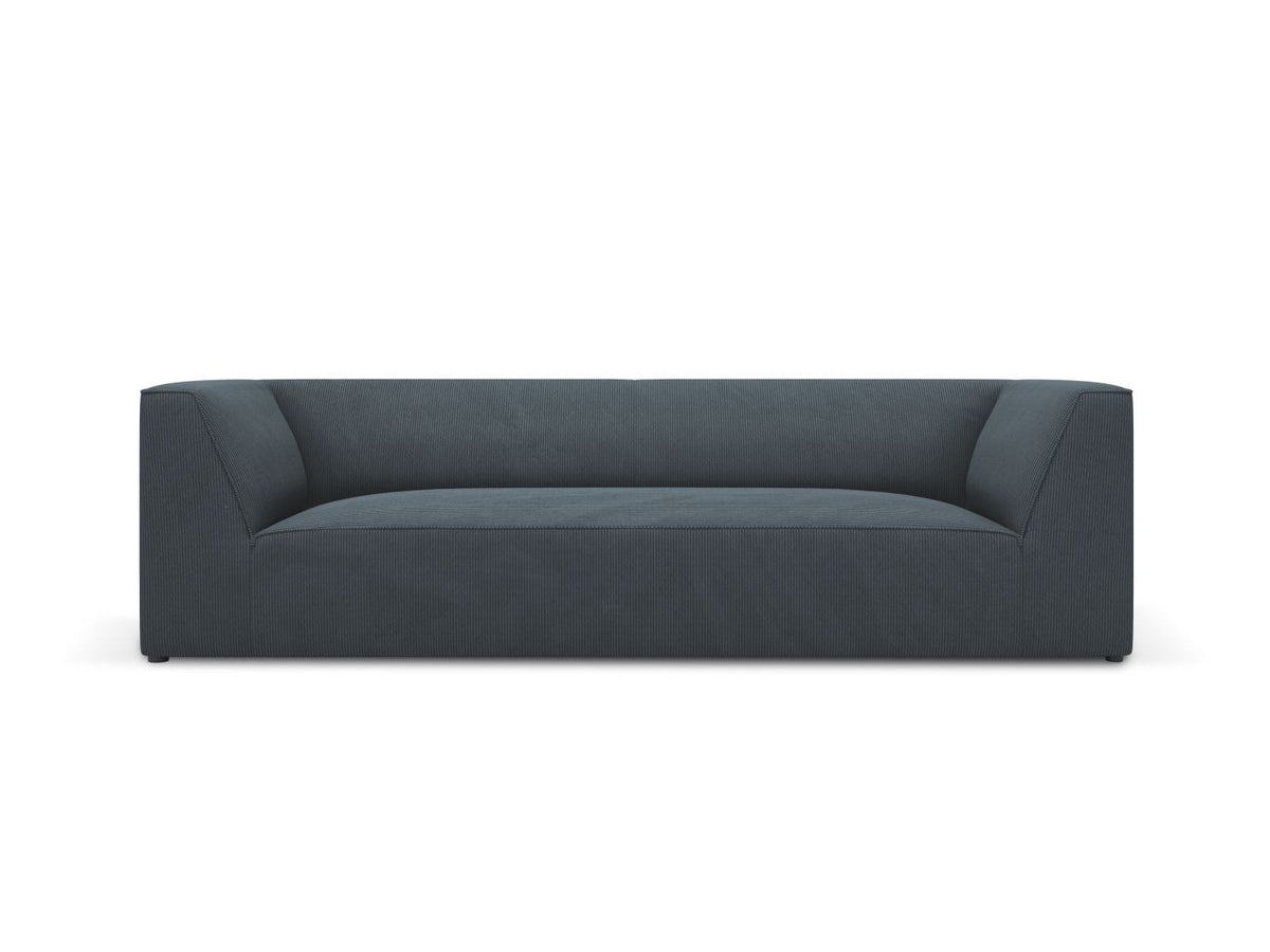 Gelbes 3-Sitzer Sofa Siena mit Massivholzrahmen, Ottawa-Stoffbezug und schwarzen Kunststoffbeinen aus Polypropylen, Frontalansicht.