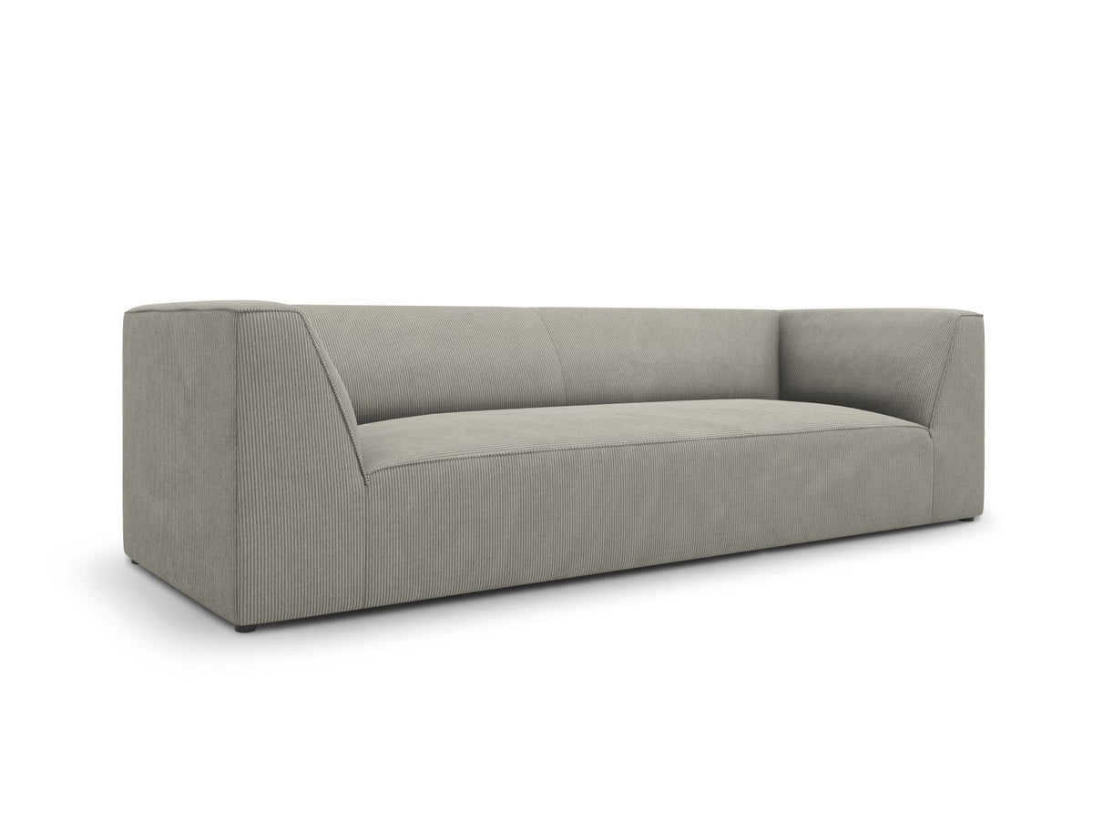 Gelbes 3-Sitzer Sofa Siena mit Massivholzrahmen, Ottawa-Stoffbezug und schwarzen Kunststoffbeinen aus Polypropylen, Frontalansicht.