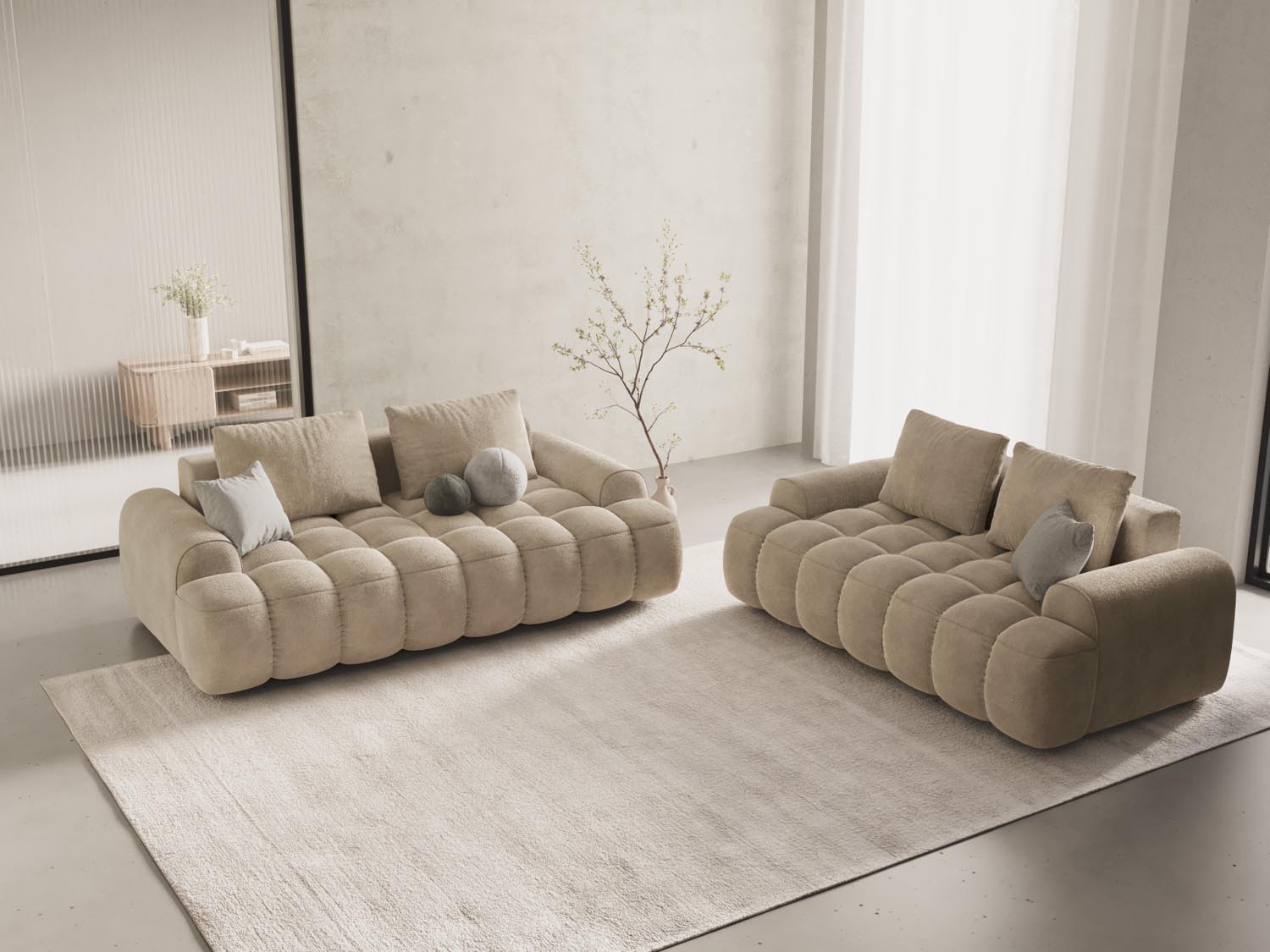 Elegantes Linz Velour Sofa in Light Beige-Vogue, 3-Sitzer mit modernem Design, ideal für stilvolle Wohnräume.
