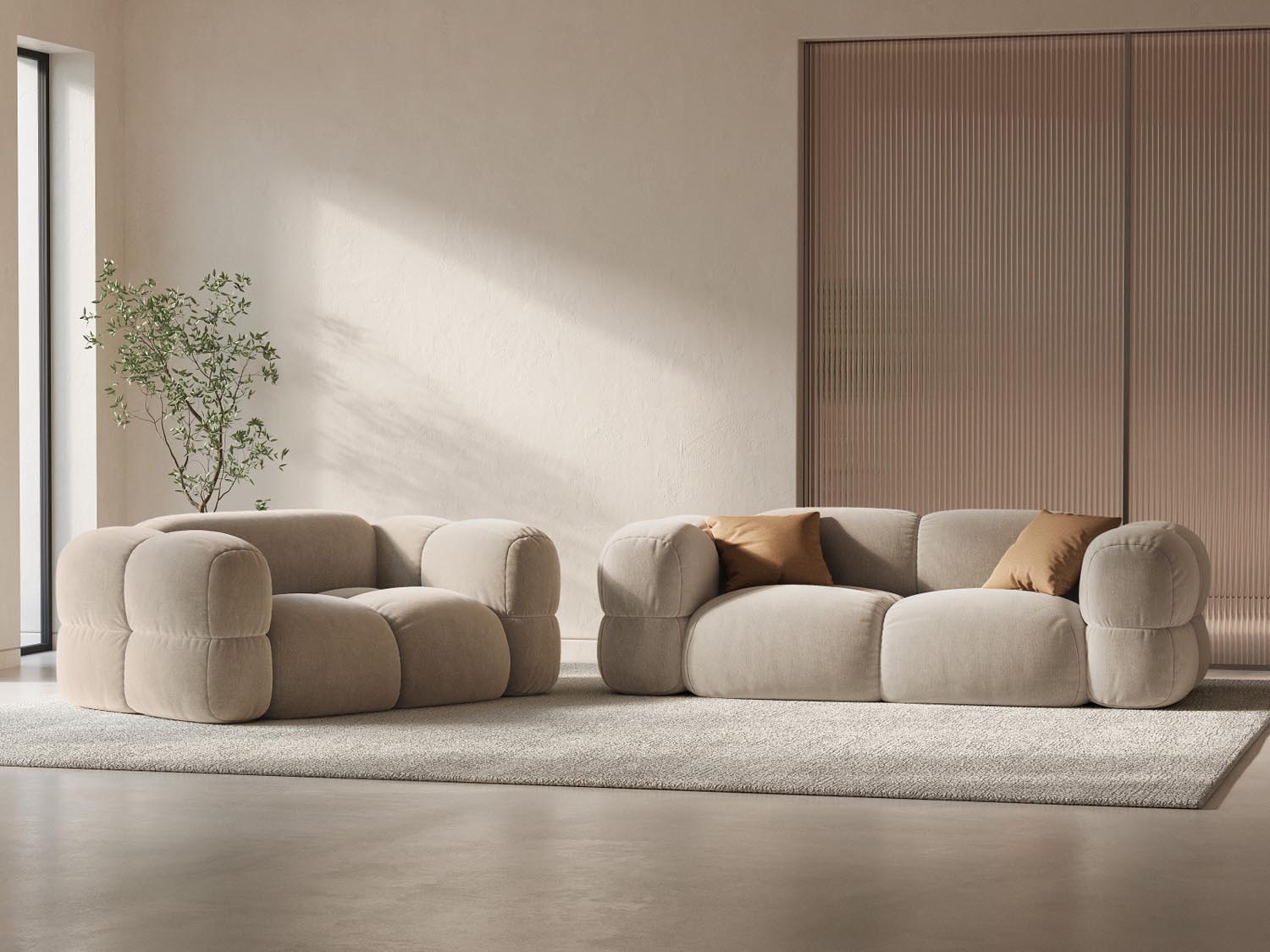 Loretto Velour Sofa 3 Sitzer 100cm in Light Beige-Vogue präsentiert im Onlineshop von KAQTU Design AG. 3er Sofa ist von Cosmopolitan Design