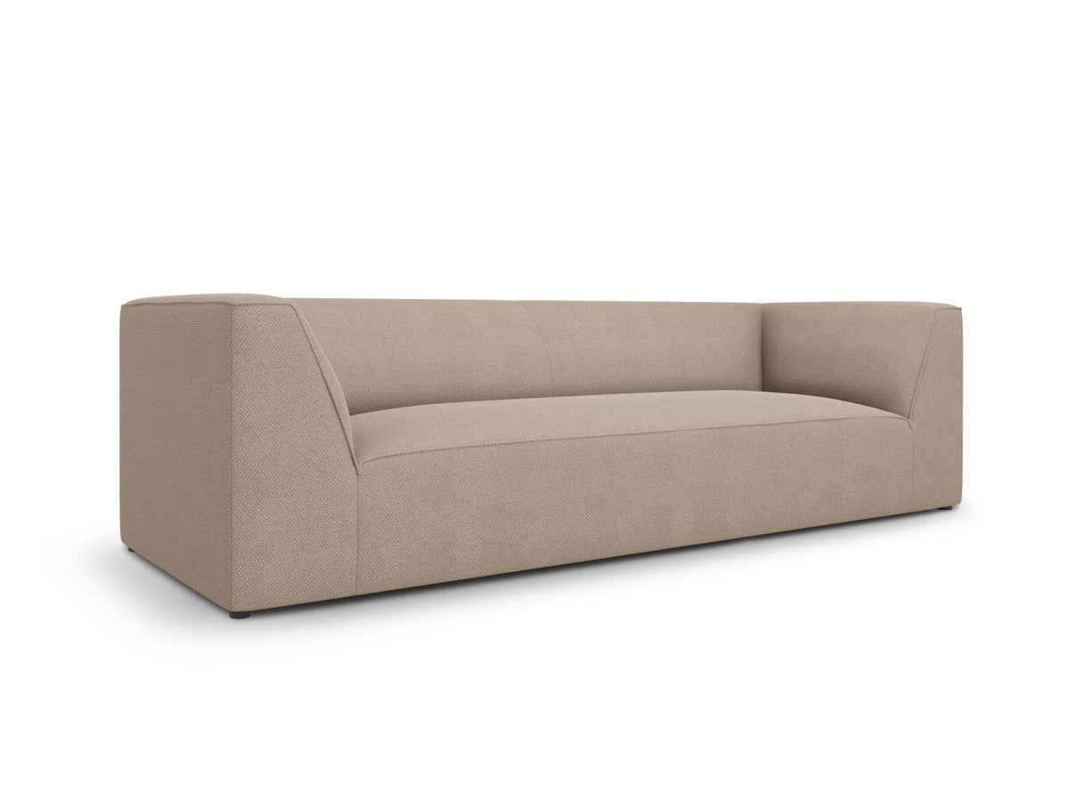 Gelbes 3-Sitzer Sofa Siena mit Massivholzrahmen, Ottawa-Stoffbezug und schwarzen Kunststoffbeinen aus Polypropylen, Frontalansicht.