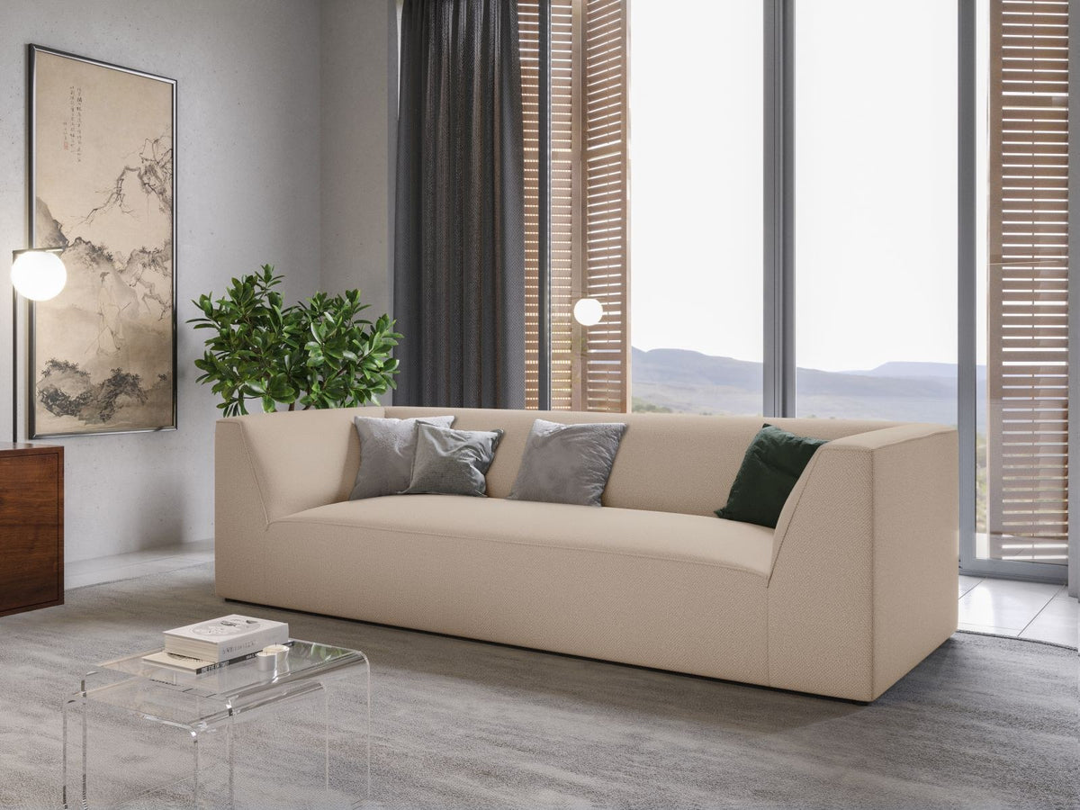 Gelbes 3-Sitzer Sofa Siena mit Massivholzrahmen, Ottawa-Stoffbezug und schwarzen Kunststoffbeinen aus Polypropylen, Frontalansicht.