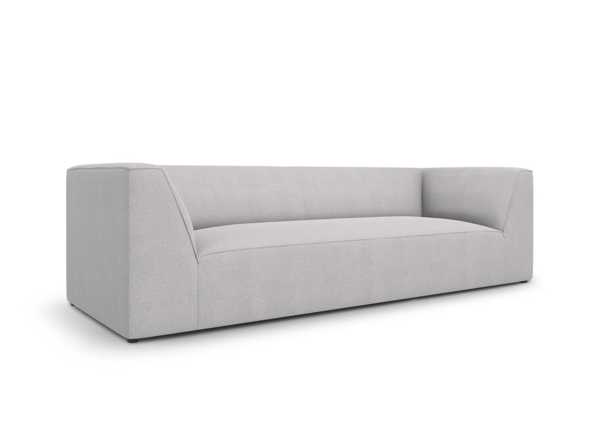 Gelbes 3-Sitzer Sofa Siena mit Massivholzrahmen, Ottawa-Stoffbezug und schwarzen Kunststoffbeinen aus Polypropylen, Frontalansicht.