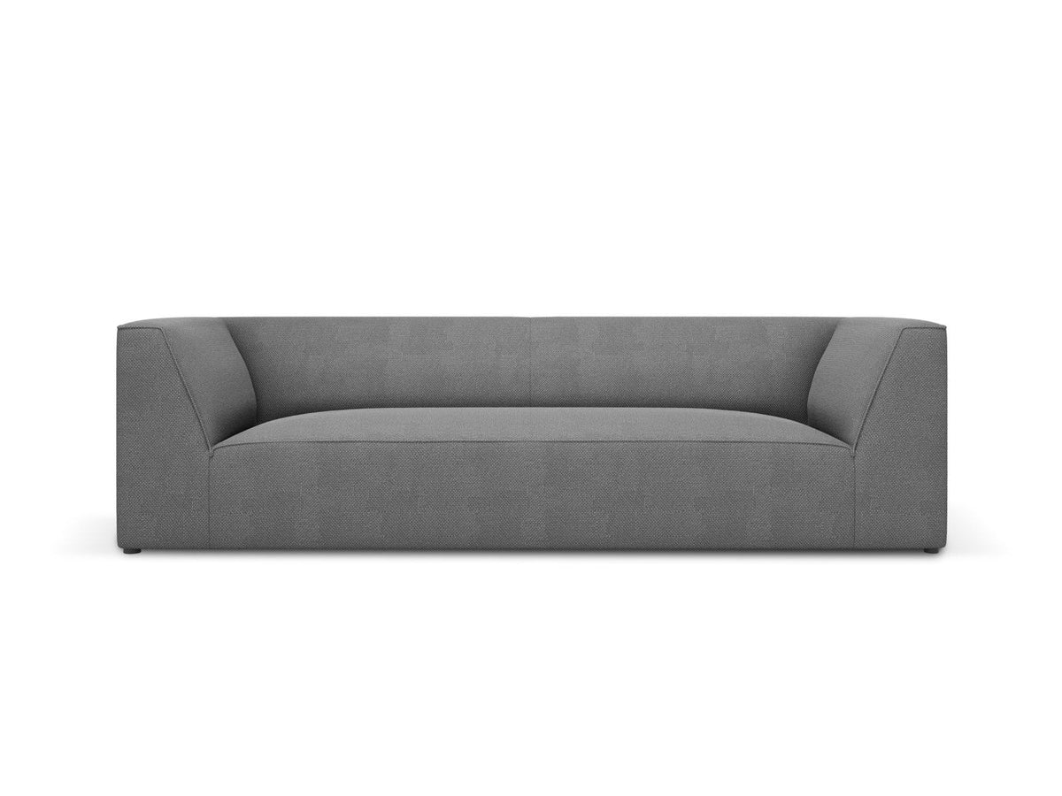Gelbes 3-Sitzer Sofa Siena mit Massivholzrahmen, Ottawa-Stoffbezug und schwarzen Kunststoffbeinen aus Polypropylen, Frontalansicht.