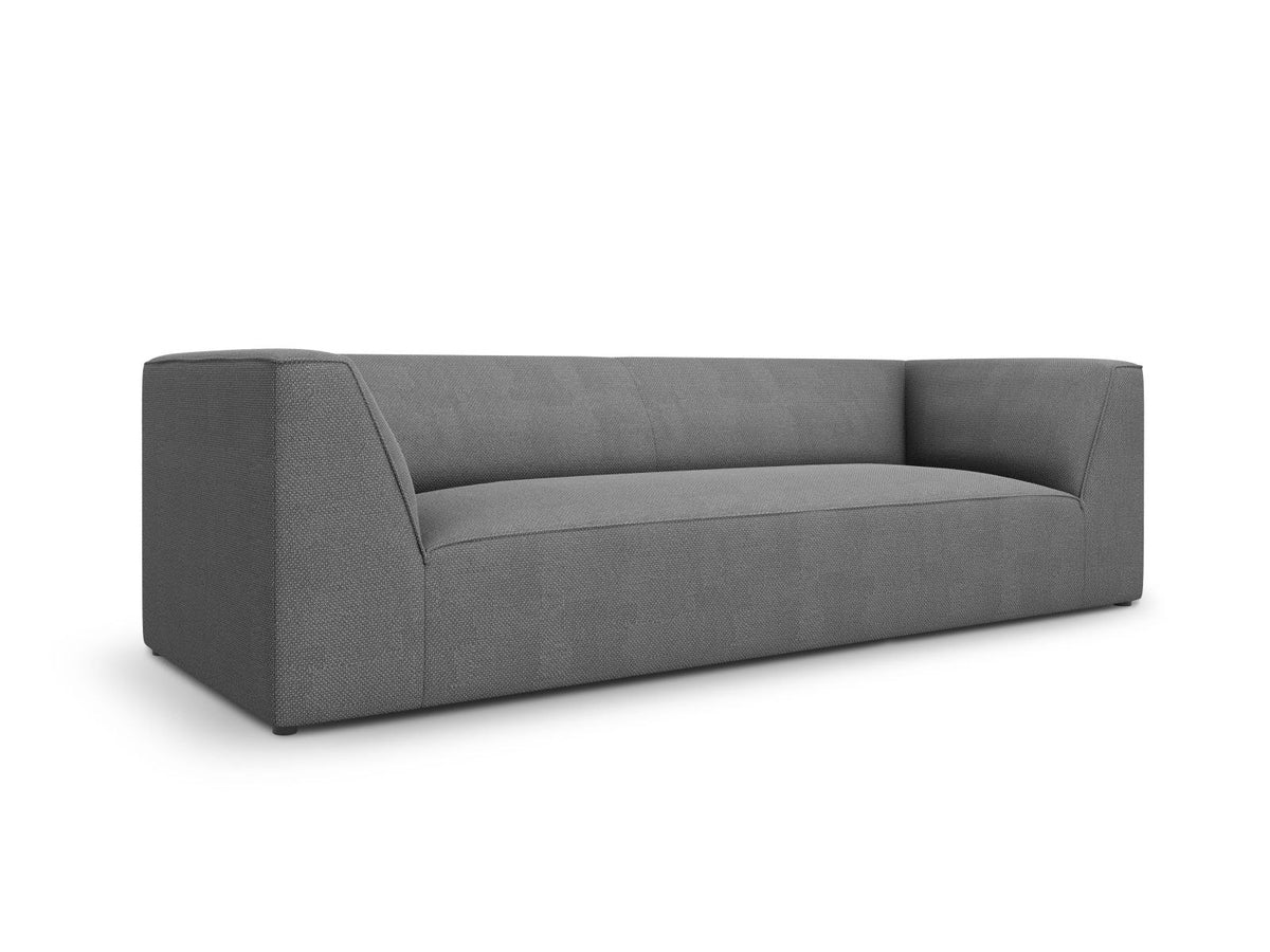 Gelbes 3-Sitzer Sofa Siena mit Massivholzrahmen, Ottawa-Stoffbezug und schwarzen Kunststoffbeinen aus Polypropylen, Frontalansicht.