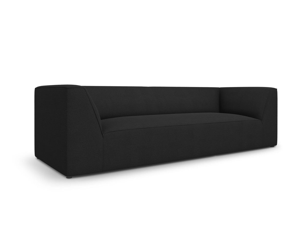 Gelbes 3-Sitzer Sofa Siena mit Massivholzrahmen, Ottawa-Stoffbezug und schwarzen Kunststoffbeinen aus Polypropylen, Frontalansicht.