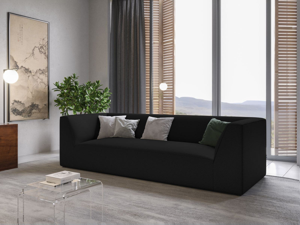 Gelbes 3-Sitzer Sofa Siena mit Massivholzrahmen, Ottawa-Stoffbezug und schwarzen Kunststoffbeinen aus Polypropylen, Frontalansicht.