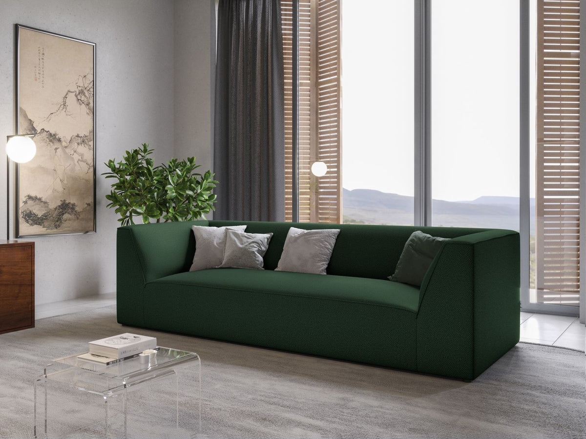 Gelbes 3-Sitzer Sofa Siena mit Massivholzrahmen, Ottawa-Stoffbezug und schwarzen Kunststoffbeinen aus Polypropylen, Frontalansicht.