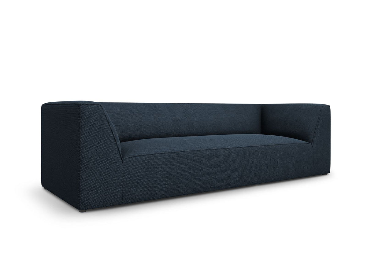 Gelbes 3-Sitzer Sofa Siena mit Massivholzrahmen, Ottawa-Stoffbezug und schwarzen Kunststoffbeinen aus Polypropylen, Frontalansicht.