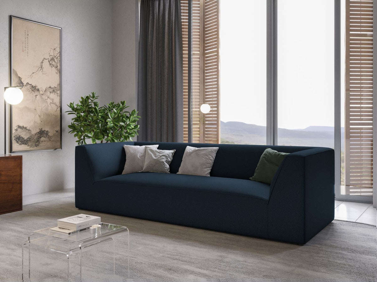 Gelbes 3-Sitzer Sofa Siena mit Massivholzrahmen, Ottawa-Stoffbezug und schwarzen Kunststoffbeinen aus Polypropylen, Frontalansicht.