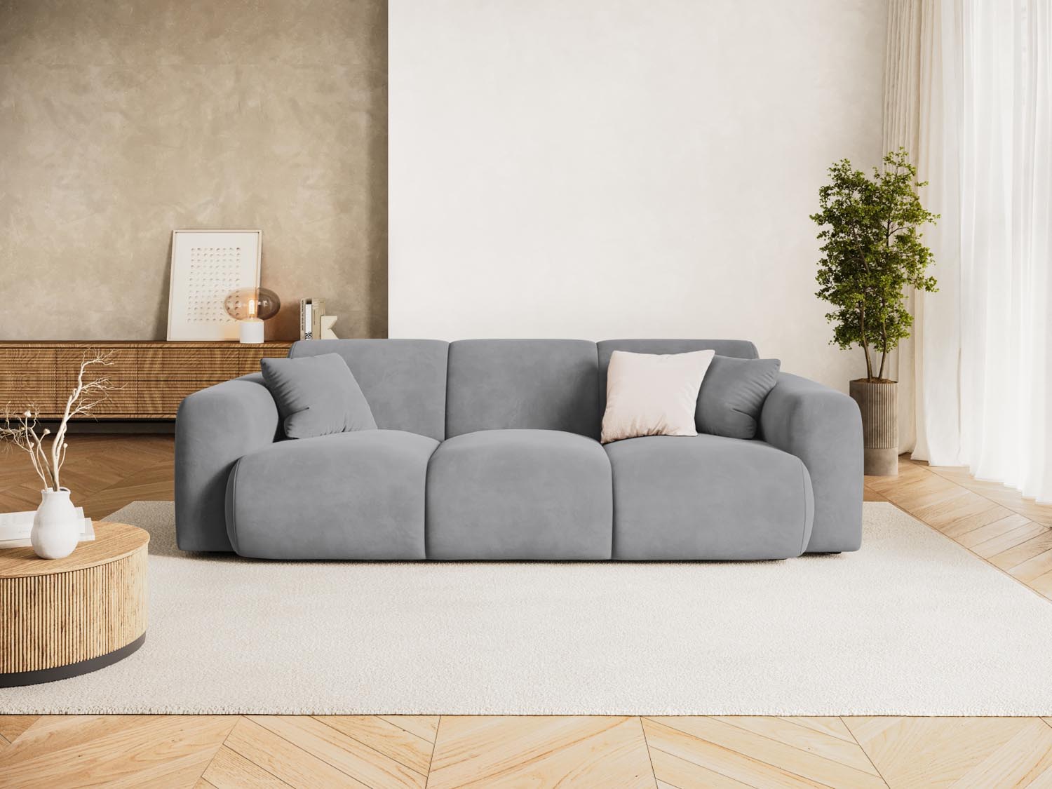 Elegantes Nolio Velour Sofa in hellem Grau, 3-Sitzer mit modernem Design, ideal für stilvolle Wohnräume.