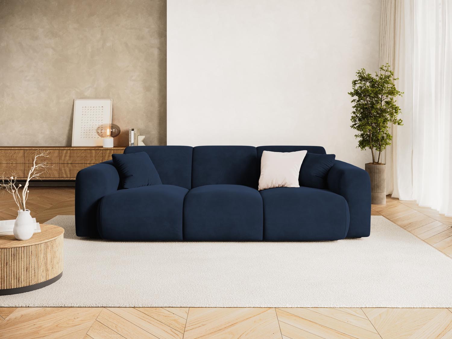 Elegantes Nolio Velour Sofa in Royal Blue, 3-Sitzer mit modernem Design, ideal für stilvolle Wohnräume.