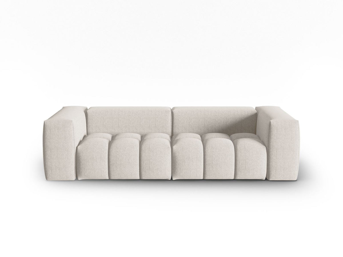 Modulares 3-Sitzer Sofa Verona in Beige mit Sorella-Stoffbezug, schwarzen Kunststoffbeinen und massivem Holzrahmen, Ansicht von vorne.