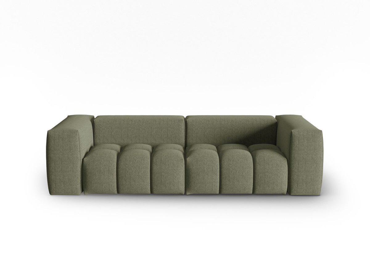 Modulares 3-Sitzer Sofa Verona in Beige mit Sorella-Stoffbezug, schwarzen Kunststoffbeinen und massivem Holzrahmen, Ansicht von vorne.