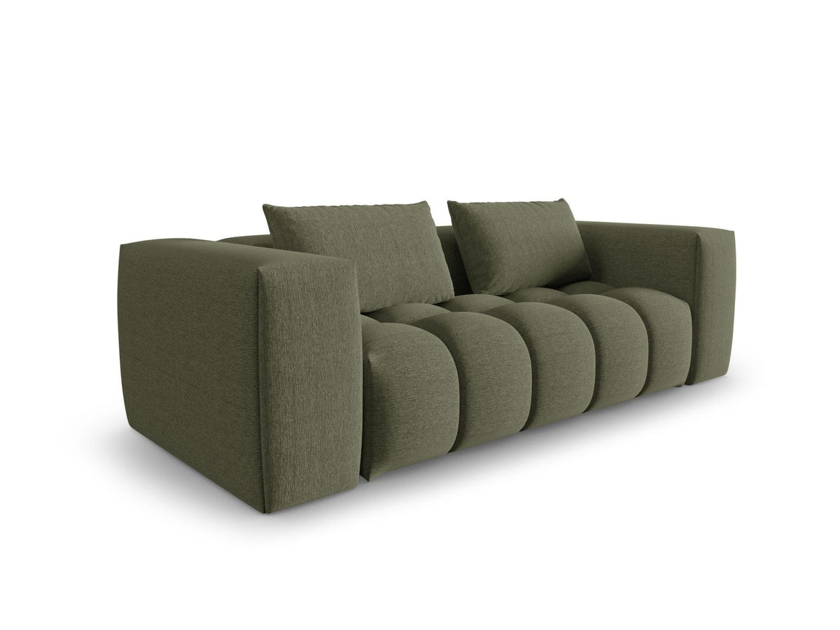 Modulares 3-Sitzer Sofa Verona in Beige mit Sorella-Stoffbezug, schwarzen Kunststoffbeinen und massivem Holzrahmen, Ansicht von vorne.