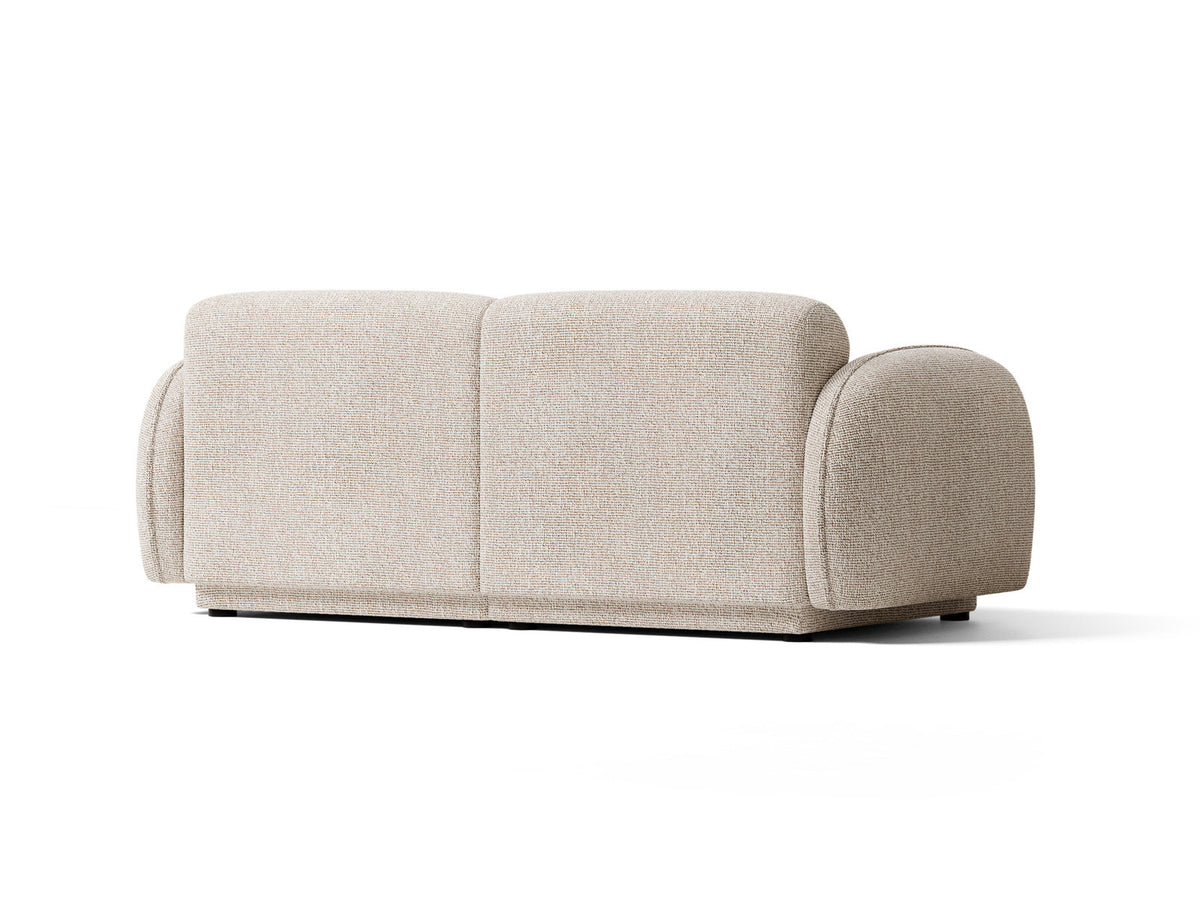 Beige-meliertes 3-Sitzer Sofa Bilbao aus Bouclé-Stoff mit Massivholzrahmen und schwarzen Kunststoffbeinen, Cosmopolitan Design.