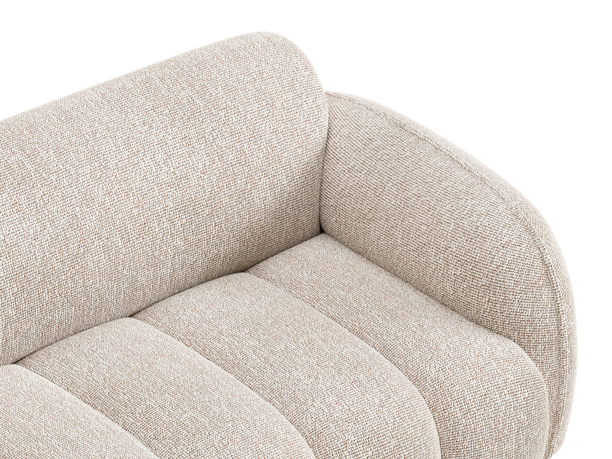 Beige-meliertes 3-Sitzer Sofa Bilbao aus Bouclé-Stoff mit Massivholzrahmen und schwarzen Kunststoffbeinen, Cosmopolitan Design.