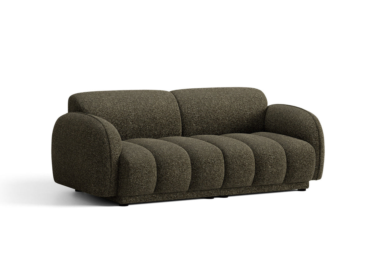 Beige-meliertes 3-Sitzer Sofa Bilbao aus Bouclé-Stoff mit Massivholzrahmen und schwarzen Kunststoffbeinen, Cosmopolitan Design.
