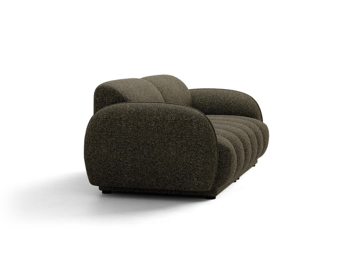 Beige-meliertes 3-Sitzer Sofa Bilbao aus Bouclé-Stoff mit Massivholzrahmen und schwarzen Kunststoffbeinen, Cosmopolitan Design.