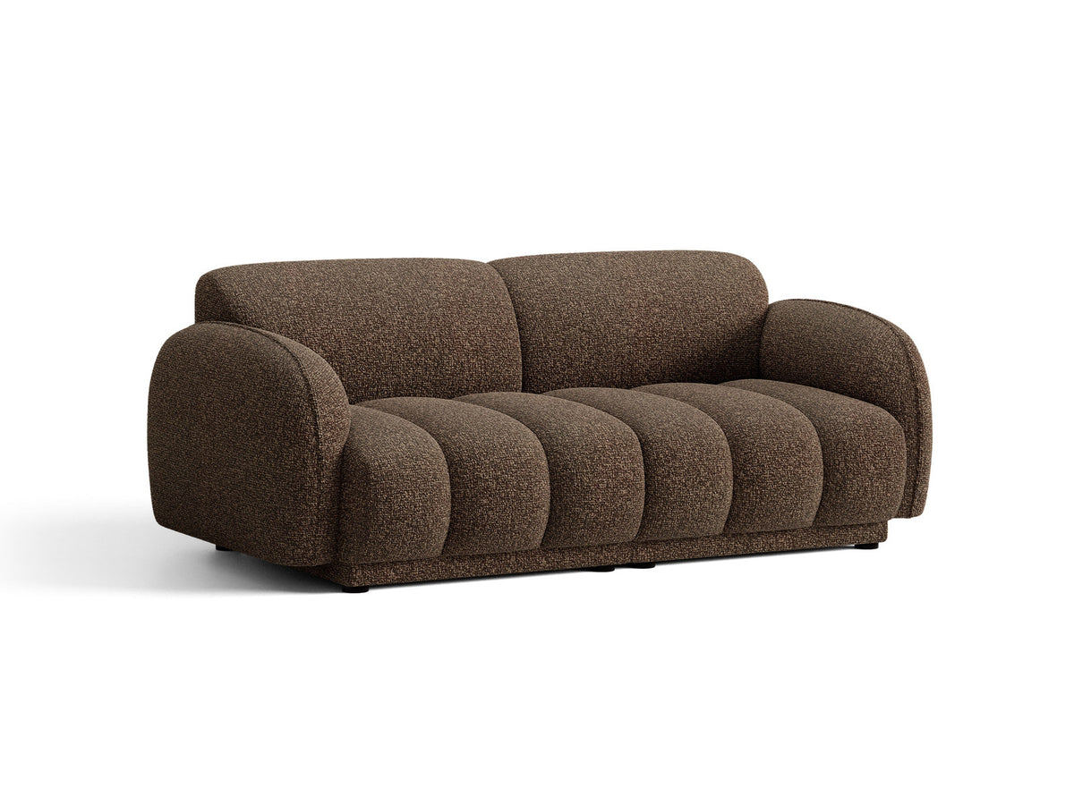 Beige-meliertes 3-Sitzer Sofa Bilbao aus Bouclé-Stoff mit Massivholzrahmen und schwarzen Kunststoffbeinen, Cosmopolitan Design.