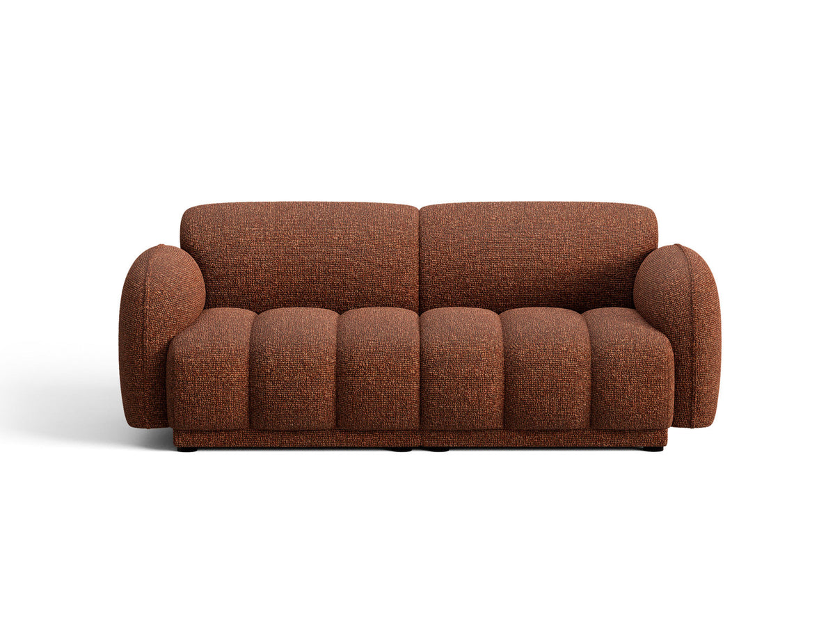 Beige-meliertes 3-Sitzer Sofa Bilbao aus Bouclé-Stoff mit Massivholzrahmen und schwarzen Kunststoffbeinen, Cosmopolitan Design.