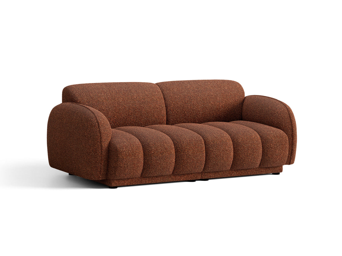 Beige-meliertes 3-Sitzer Sofa Bilbao aus Bouclé-Stoff mit Massivholzrahmen und schwarzen Kunststoffbeinen, Cosmopolitan Design.