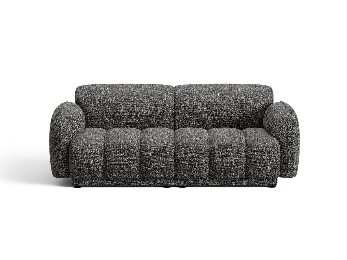 Beige-meliertes 3-Sitzer Sofa Bilbao aus Bouclé-Stoff mit Massivholzrahmen und schwarzen Kunststoffbeinen, Cosmopolitan Design.