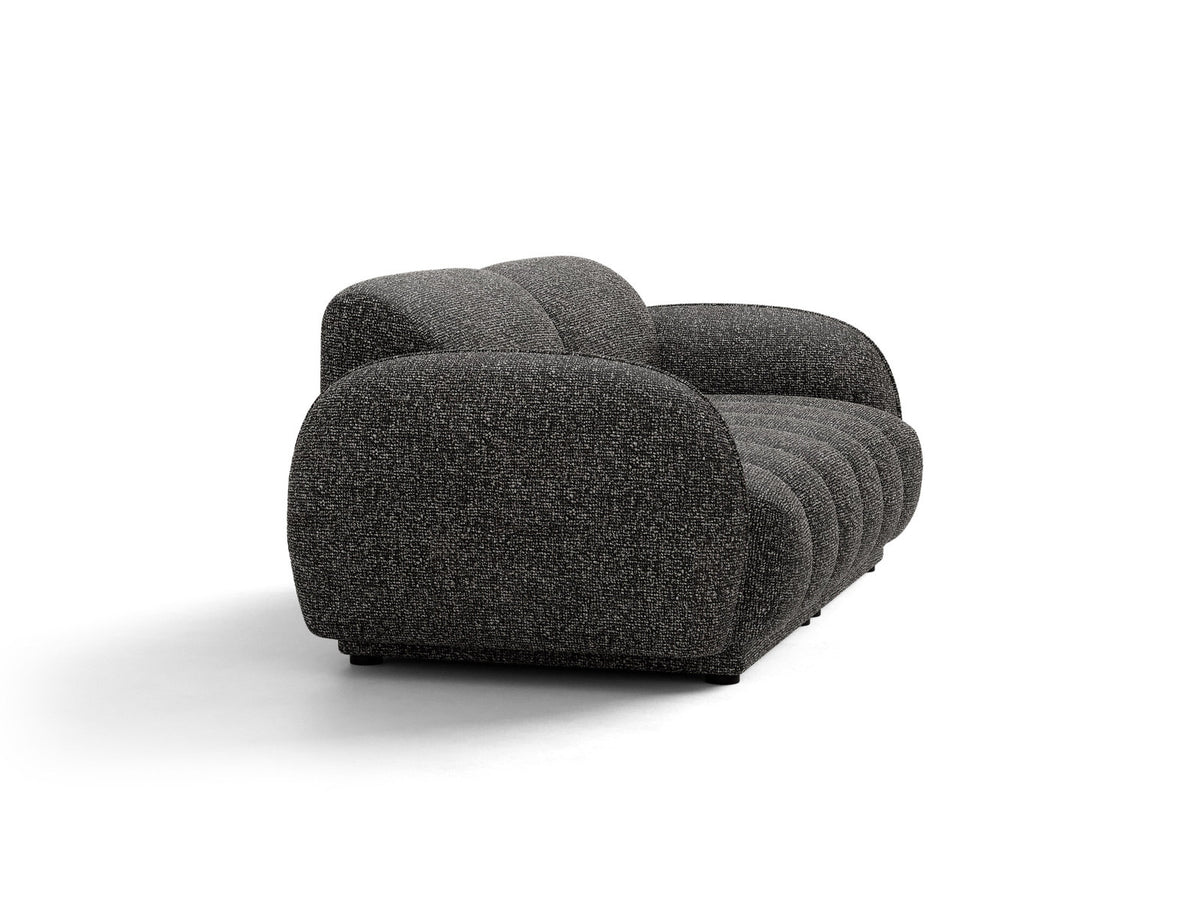 Beige-meliertes 3-Sitzer Sofa Bilbao aus Bouclé-Stoff mit Massivholzrahmen und schwarzen Kunststoffbeinen, Cosmopolitan Design.