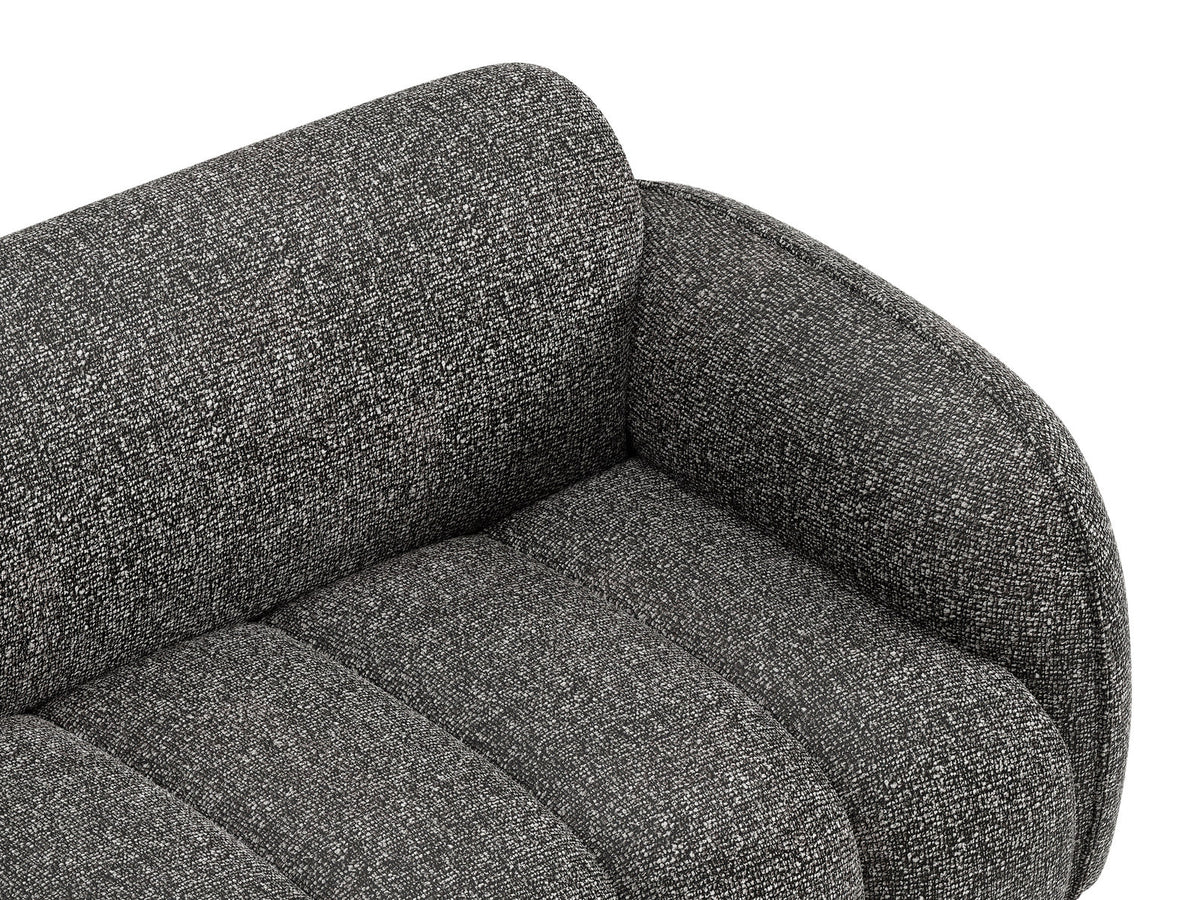 Beige-meliertes 3-Sitzer Sofa Bilbao aus Bouclé-Stoff mit Massivholzrahmen und schwarzen Kunststoffbeinen, Cosmopolitan Design.