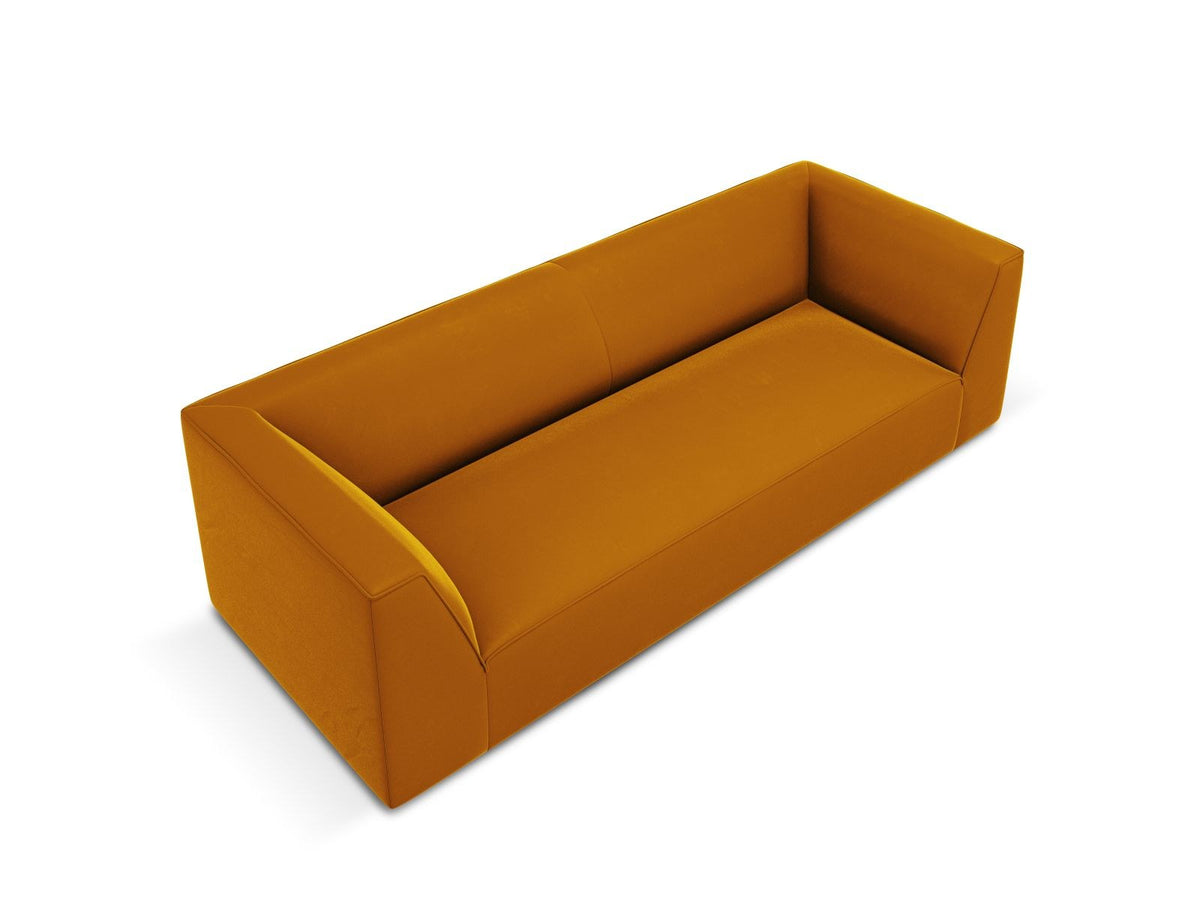 Dreisitzer-Sofa mit schwarzem Samtbezug (Salvador), Massivholzrahmen und schwarzen Kunststoffbeinen, Breite 232 cm.