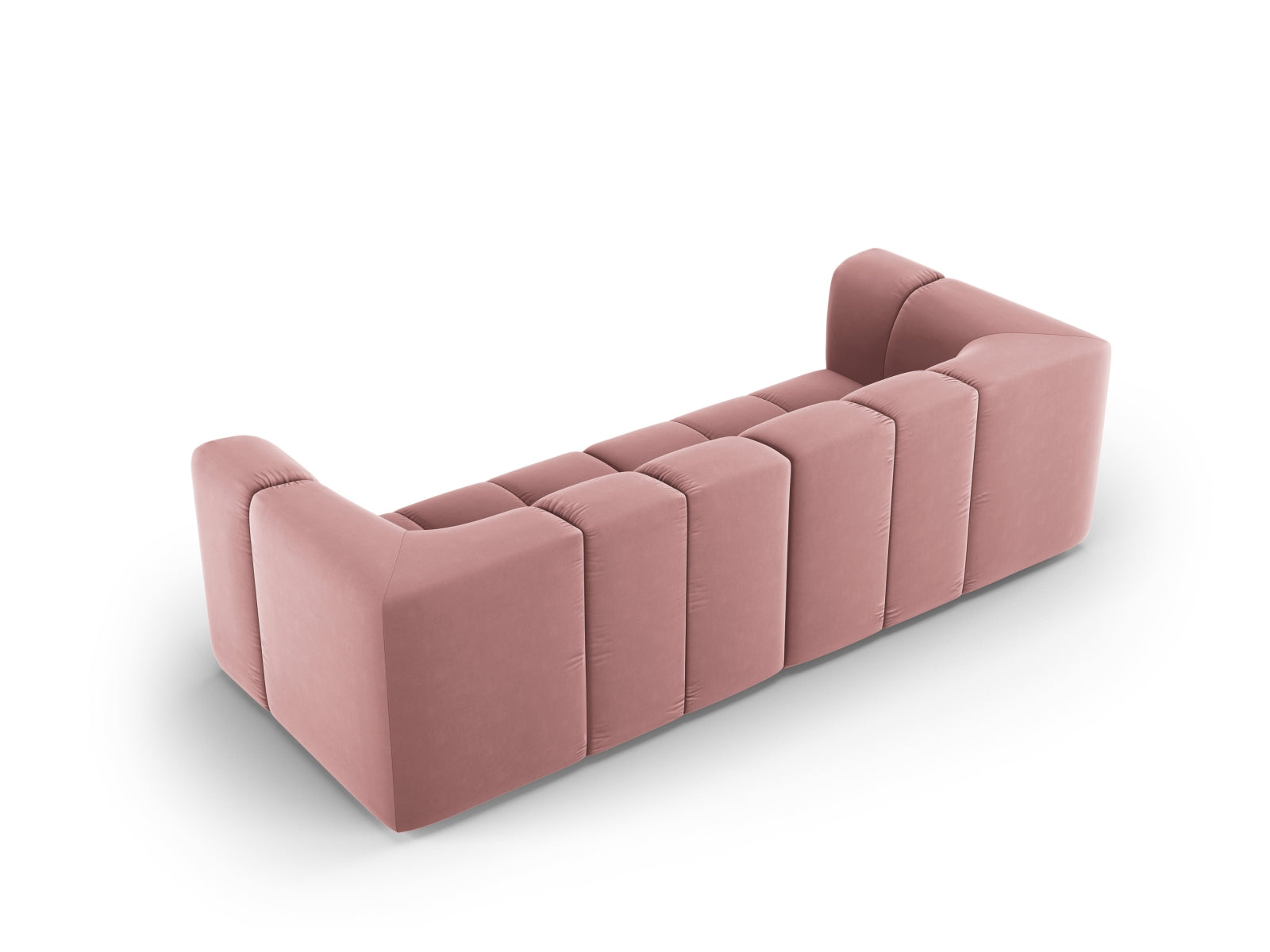 Modulares 3-Sitzer Sofa Moritz in trendigem Pink-Bluvel, perfekt für moderne Wohnkonzepte und gemütliche Entspannung.