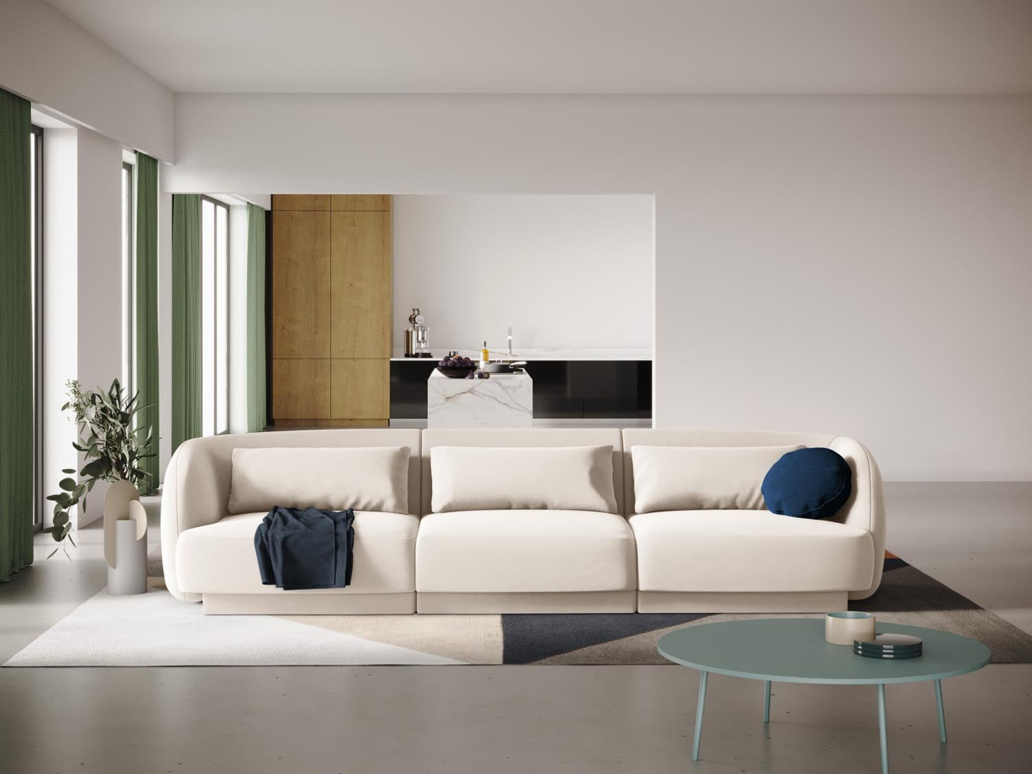 Elegantes Tulum Velour Sofa in sanftem Beige, ideal für stilvolle Wohnräume. Komfortables 3-Sitzer-Design von Cosmopolitan Design.